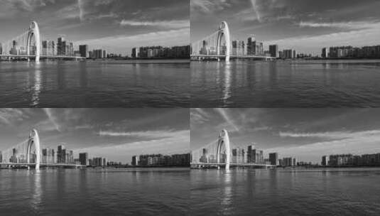 广州珠江猎德大桥城市风光黑白延时摄影高清在线视频素材下载