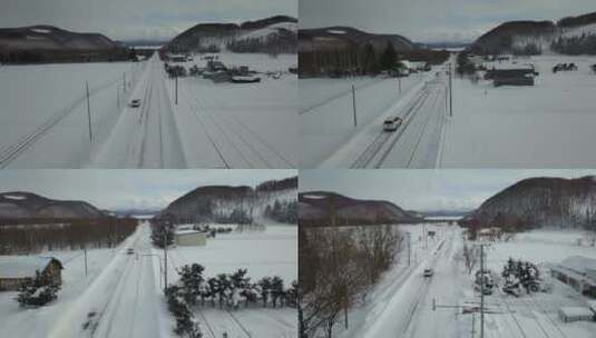 日本北海道雪原公路自驾游风光航拍高清在线视频素材下载