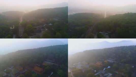 4K航拍杭州西湖净慈寺平流雾视频合集高清在线视频素材下载