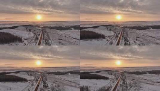寒冬岭上日出国道汽车行驶高清在线视频素材下载