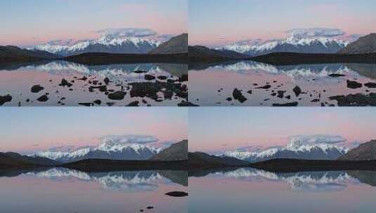 贡嘎雪山和湖泊唯美日落航拍高清在线视频素材下载