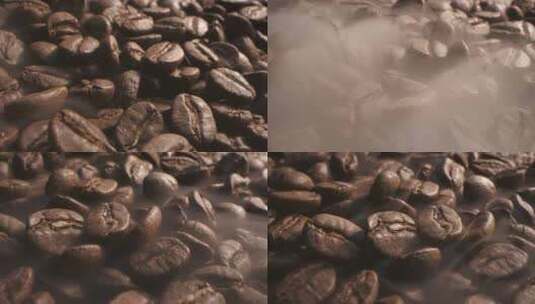 从烘焙咖啡豆中散发出的柔和弥漫的烟雾被黑高清在线视频素材下载