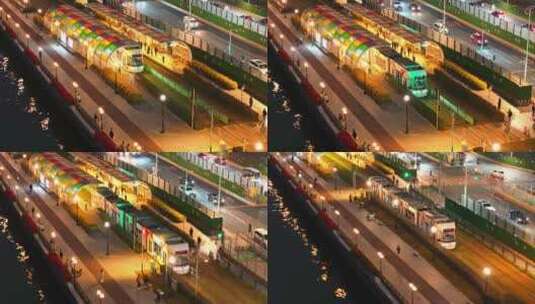 4K航拍广州有轨电车出站高清在线视频素材下载