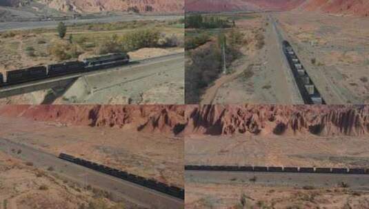 航拍新疆戈壁大红山火车环绕高清在线视频素材下载