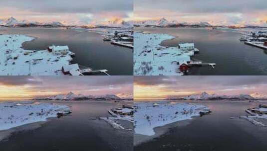 挪威罗弗敦群岛北极圈雷纳冬季雪景高空航拍高清在线视频素材下载