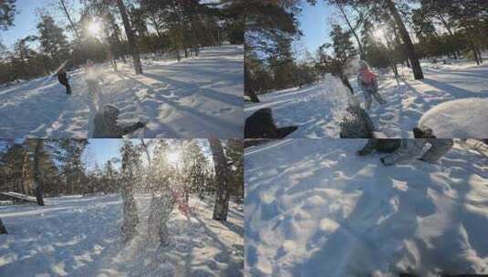 POV慢动作的玩雪与朋友在冬季公园高清在线视频素材下载