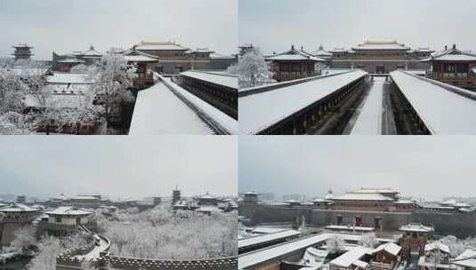 中国唐城下雪，航拍唐城雪景，唐城素材4k高清在线视频素材下载