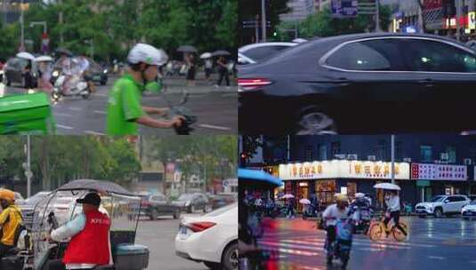 雨天街道行人骑车出行场景高清在线视频素材下载