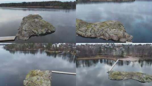 航拍湖中的岩层高清在线视频素材下载