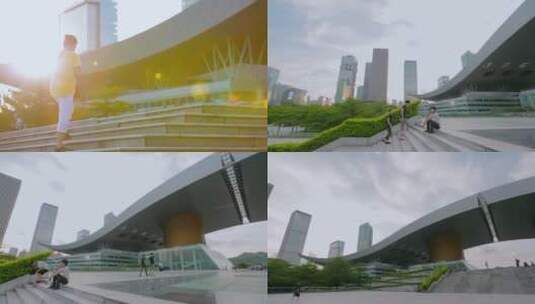 深圳市民中心广场视频逆光走上广场楼梯市民高清在线视频素材下载