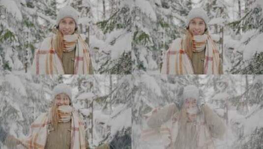 冬日森林里嬉笑的女学生肖像高清在线视频素材下载