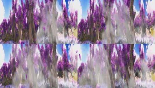 唯美树林兔子 薰衣草花瓣 蓝天白云 大树高清在线视频素材下载