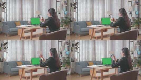 女士在家幸苦劳累工作视频会议全景绿幕素材高清在线视频素材下载