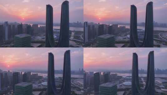 航拍夕阳下的杭州奥体博览城高清在线视频素材下载
