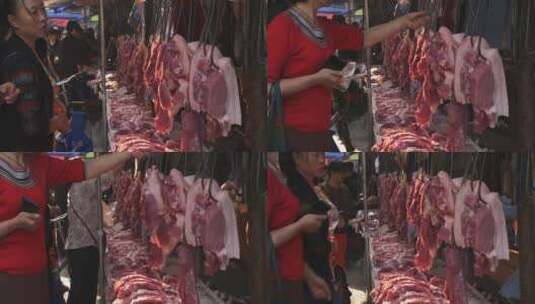 城市露天菜市场生猪肉摊位消费旺盛热闹集市高清在线视频素材下载