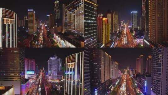 璀璨的长沙五一大道车流交通夜景航拍高清在线视频素材下载