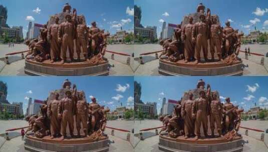 中山广场塑像群背面工农兵蓝天白云高清在线视频素材下载