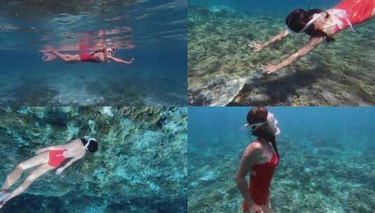 比基尼美女潜水海龟鱼群珊瑚礁大海海底美景高清在线视频素材下载
