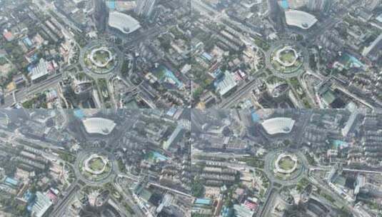 武汉光谷国际广场航拍交通车流转盘俯拍道路高清在线视频素材下载