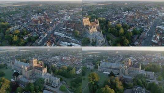 英国圣奥尔本斯市及其大教堂的日出鸟瞰图高清在线视频素材下载