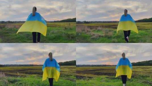 日落时拿着乌克兰国旗的女孩4K高清在线视频素材下载