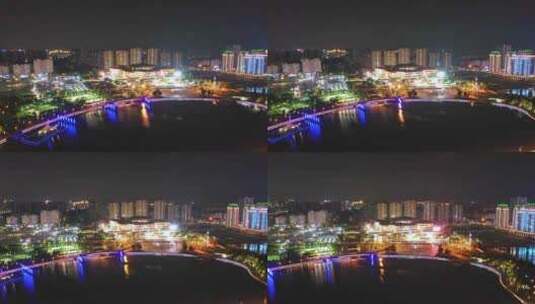 扬州西区明月湖大桥京华城商圈夜景灯光航拍高清在线视频素材下载