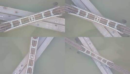 武汉高铁交叉桥俯拍车流湖面高清在线视频素材下载
