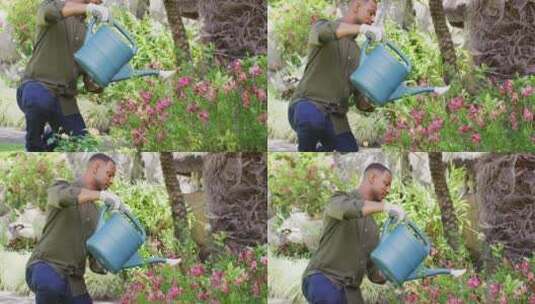 Biracial人园艺，用喷壶浇灌植物高清在线视频素材下载