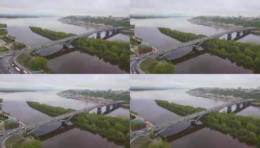 汽车行驶在奥卡河上的卡纳文桥的鸟瞰图高清在线视频素材下载