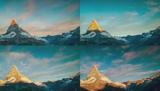 马特洪峰阿尔卑斯山瑞士雪峰滑雪延时日出黎明高清在线视频素材下载