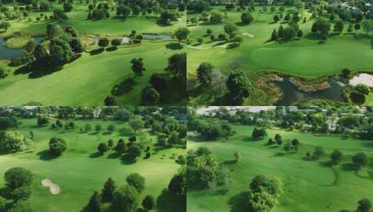 白天，无人机在被郁郁葱葱的绿色植被和小池塘覆盖的高尔夫俱乐部上空飞行。高清在线视频素材下载
