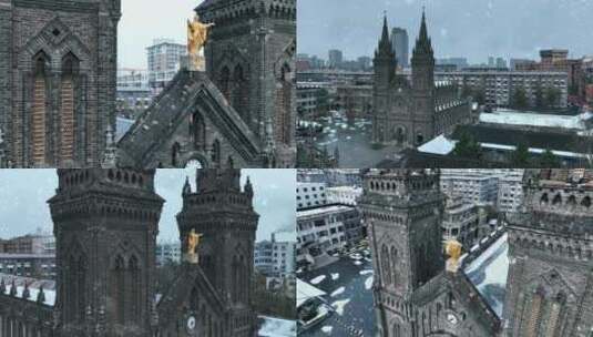 教堂欧式建筑下雪神圣高清在线视频素材下载