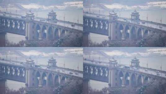 冬天雪后武汉长江大桥雪景桥梁道路交通车流高清在线视频素材下载