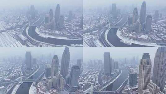 天津海河沿岸雪景航拍高清在线视频素材下载