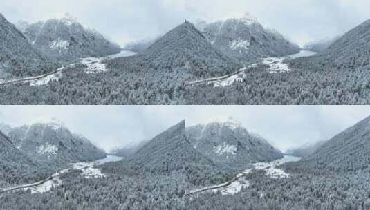 西藏林芝巴松措，雪山森林雪地的雪景风光高清在线视频素材下载