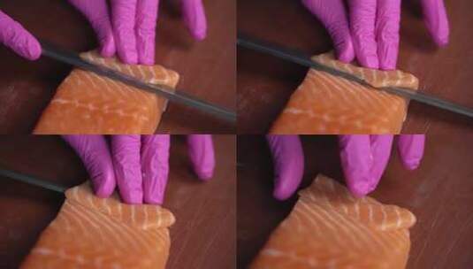 大厨切红鱼做寿司的特写镜头高清在线视频素材下载