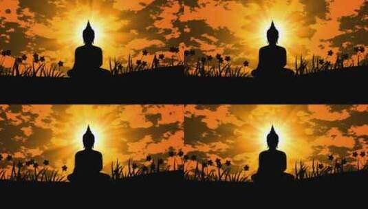 佛法佛祖打坐剪影在夕阳下阳光普照动画高清在线视频素材下载