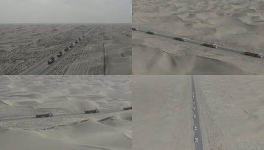 沙漠公路车队航拍高清在线视频素材下载