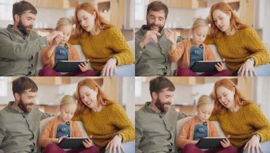 父母、孩子和平板电脑在家中进行在线游戏，高清在线视频素材下载