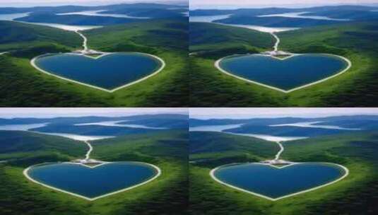 Ai生成的翠绿的山环绕着的心型的湖泊高清在线视频素材下载