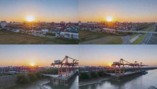 江西九江集装箱港口黄昏航拍延时高清在线视频素材下载