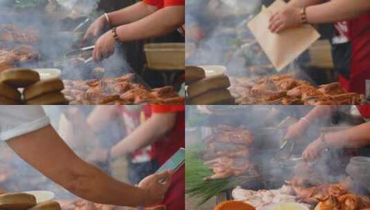 乡街上热闹忙碌的烧烤摊烤牛肉花椒鸡制作高清在线视频素材下载