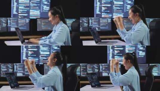 女程序员挥拳庆祝，开怀大笑高清在线视频素材下载
