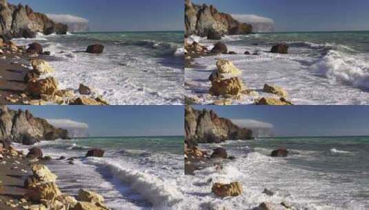 日落时暴风雨的大海海浪撞击在温暖阳光大浪高清在线视频素材下载