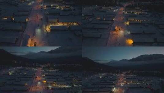 航拍冬季雪后新疆喀纳斯乡村夜景高清在线视频素材下载