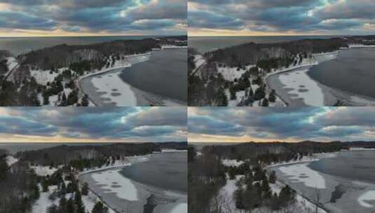 日落时分从结冰的湖面上下来。高清在线视频素材下载