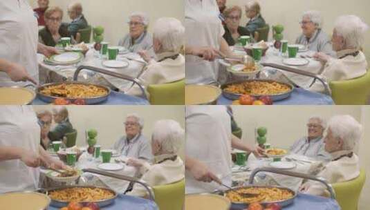 农作物工人为老年人提供盘子里的意大利面高清在线视频素材下载