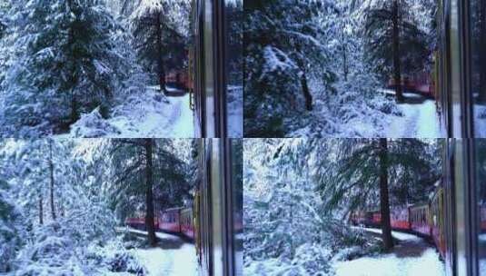 火车在白雪覆盖的森林中穿行高清在线视频素材下载
