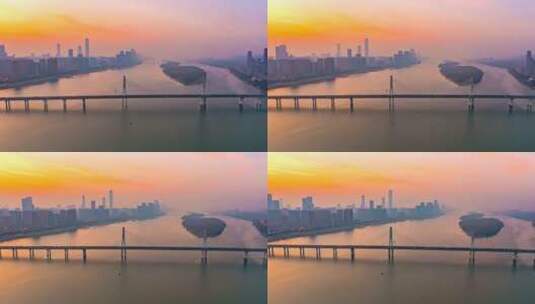 湖南长沙湘江大桥银盆岭大桥日出航拍延时高清在线视频素材下载