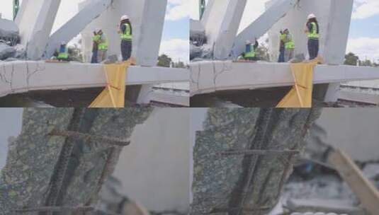 检查员在观察倒塌的桥体高清在线视频素材下载